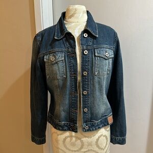Guess Vintage Distressed Classic Dark Denim Fade Trucker Jacket Medium